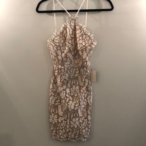 Lulu’s beige and ivory lace body con dress